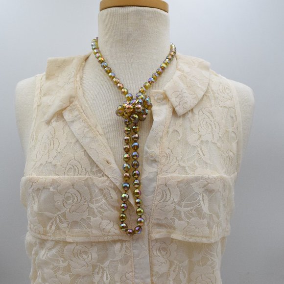 Sterling Amber Aurora Borealis Necklace AB Crystal Bead 44 1/2" - Picture 10 of 12